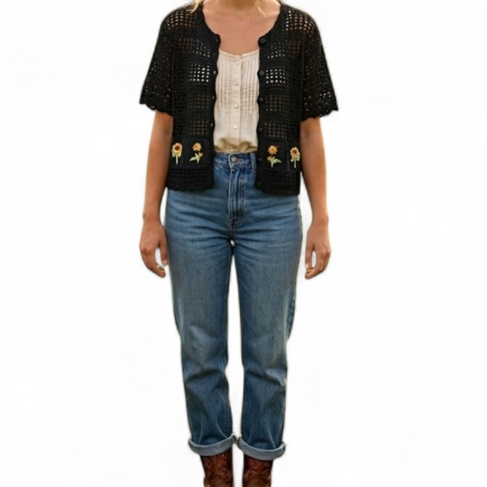 Vintage Crochet Sunflower Embroidered Buttondown Cardigan